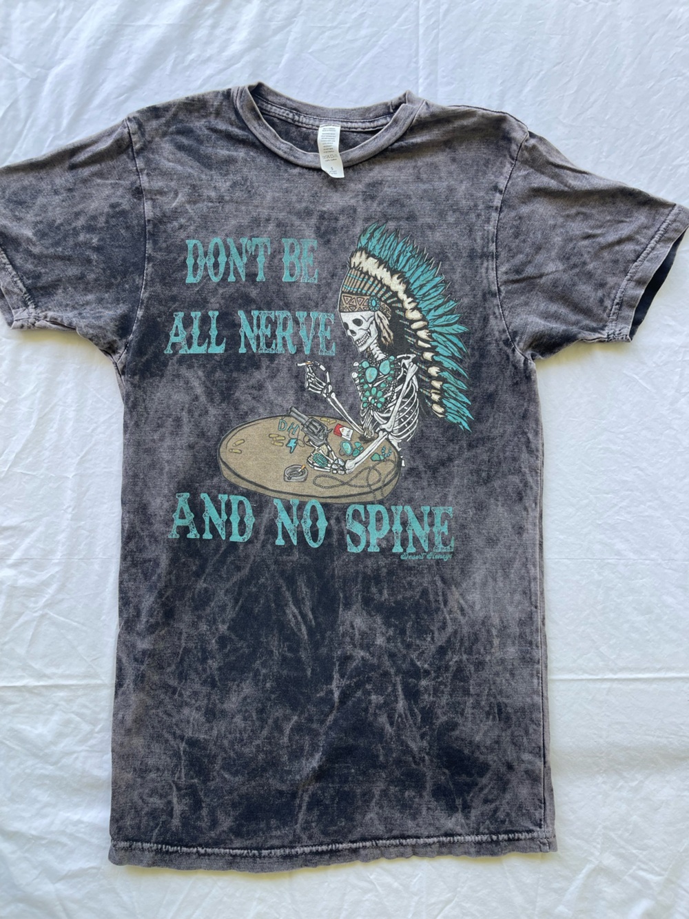 Women's Short Sleeve Graphic Tee - Washed Black with Teal Print
